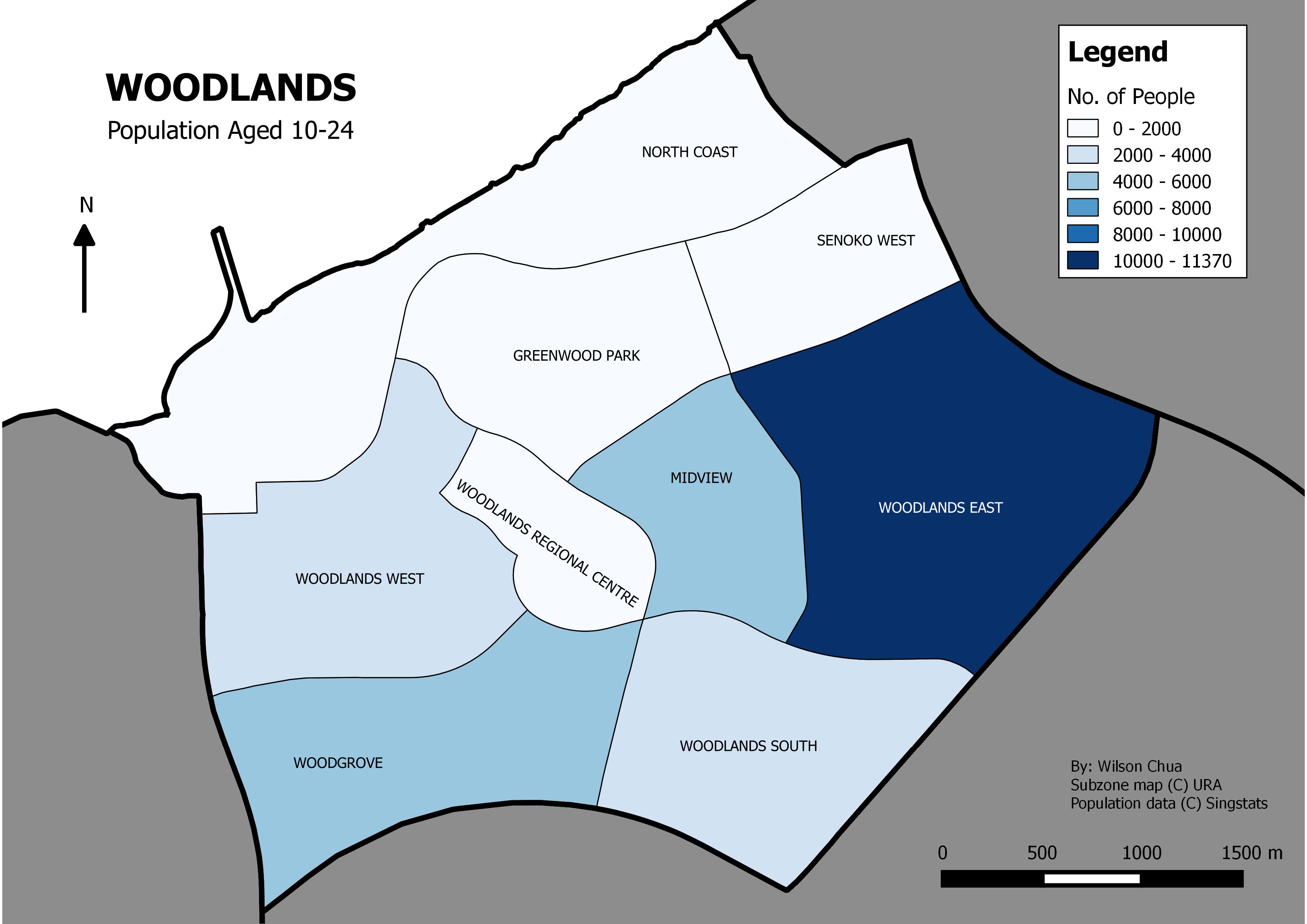 Woodlands: Population Density by Subzone Aged 10-24