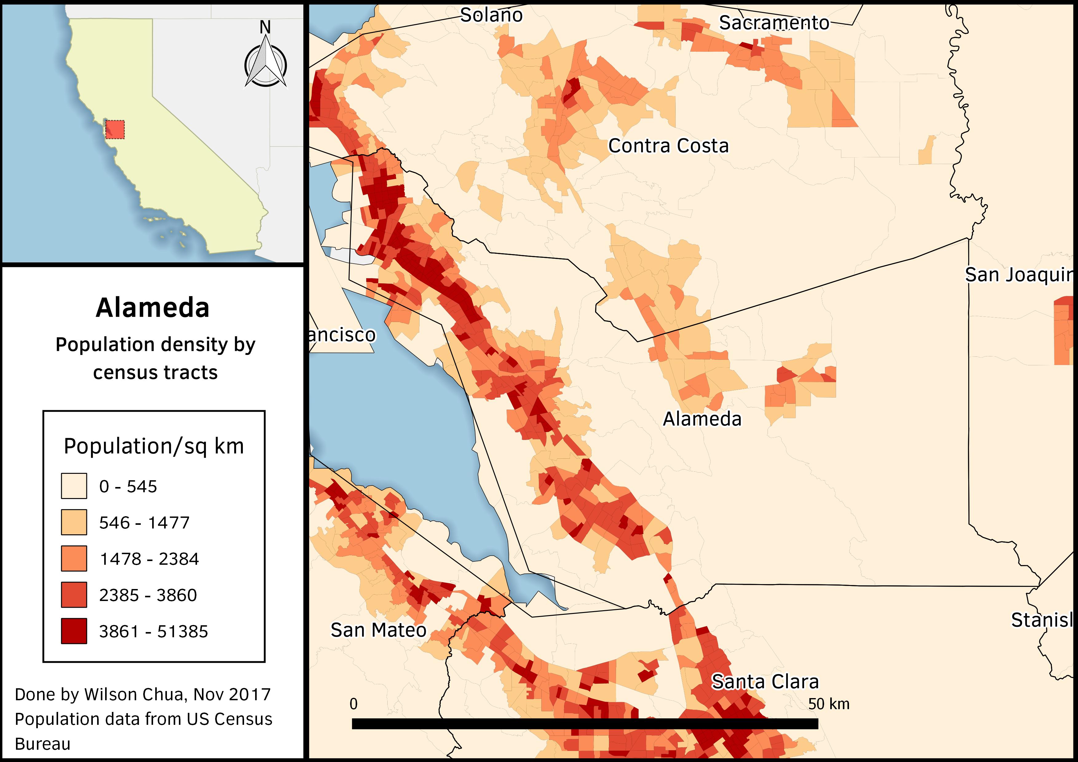 Population Density of Alameda, per Census Tract 